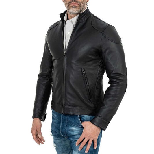 Schwarze Herren-Bikerjacke aus echtem Leder in schmaler Passform mit besonderen Schulterpartien von Rindway