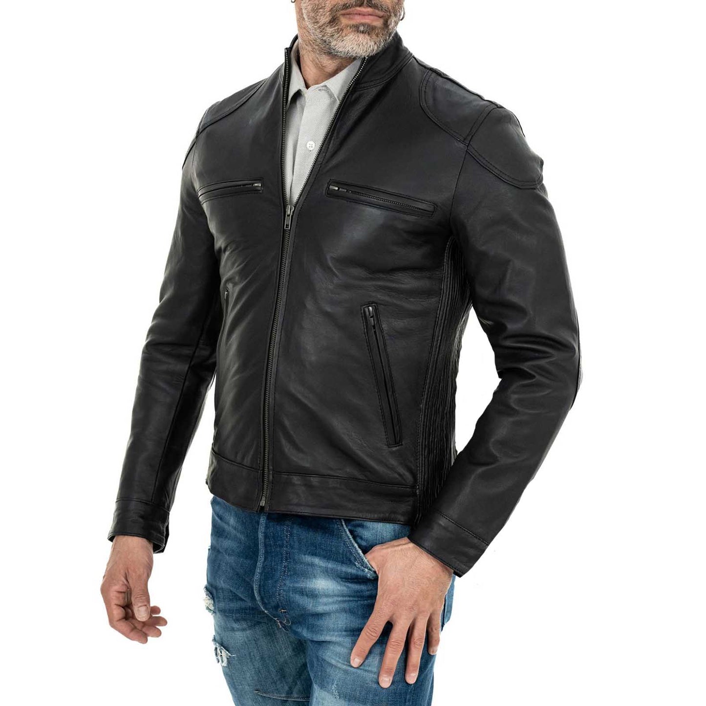 Rindway Herren Slim Fit Bikerjacke aus schwarzem Echtleder mit vier Taschen