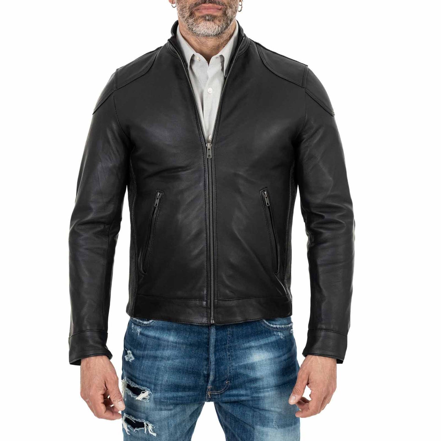 Schwarze Herren-Bikerjacke aus echtem Leder in schmaler Passform mit besonderen Schulterpartien von Rindway