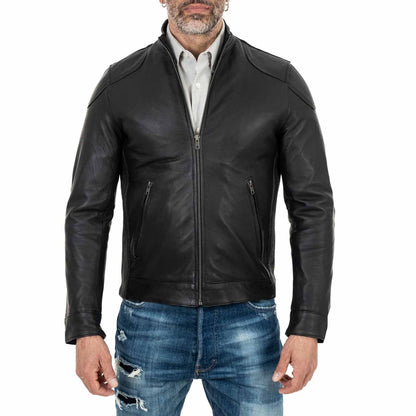 Schwarze Herren-Bikerjacke aus echtem Leder in schmaler Passform mit besonderen Schulterpartien von Rindway