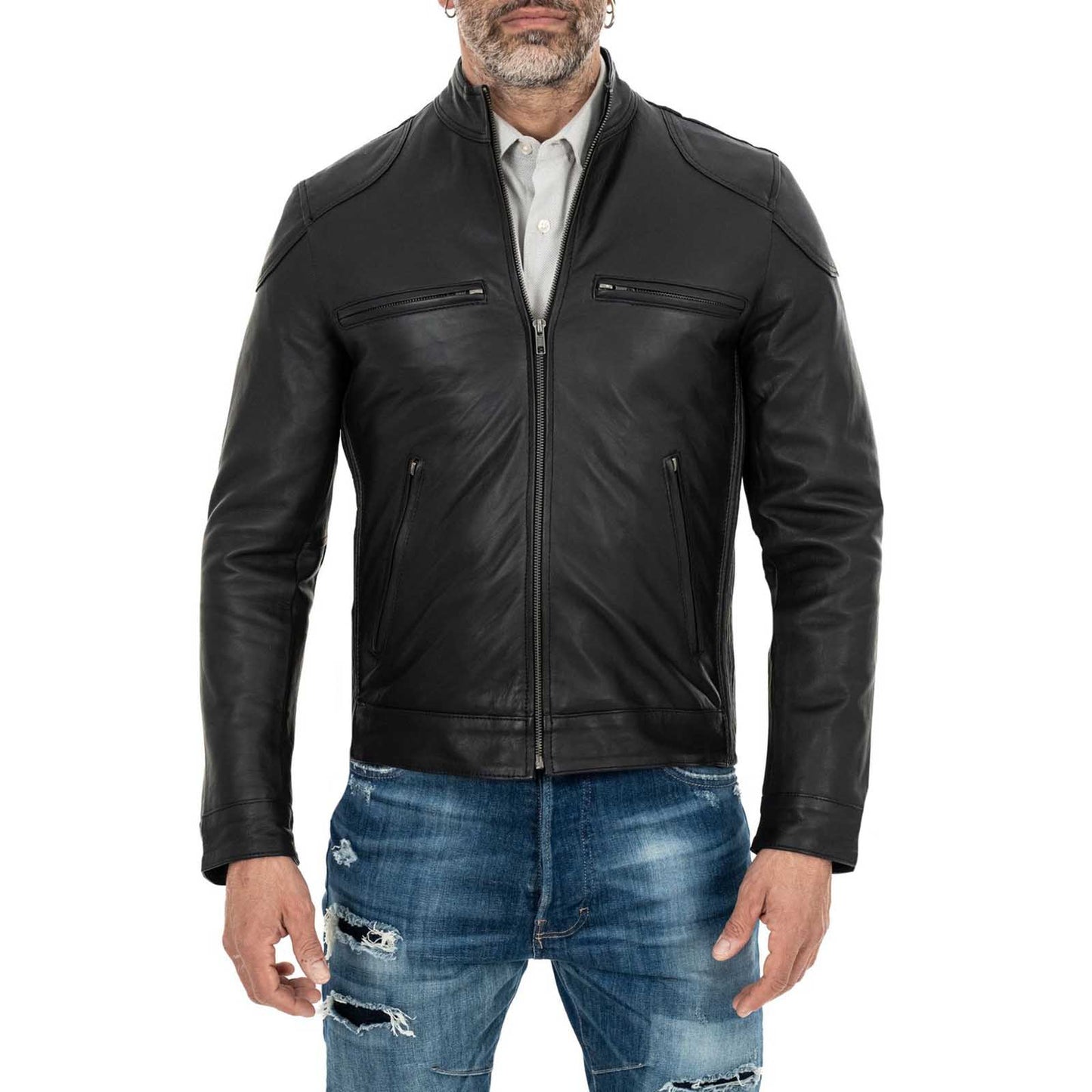 Rindway Herren Slim Fit Bikerjacke aus schwarzem Echtleder mit vier Taschen