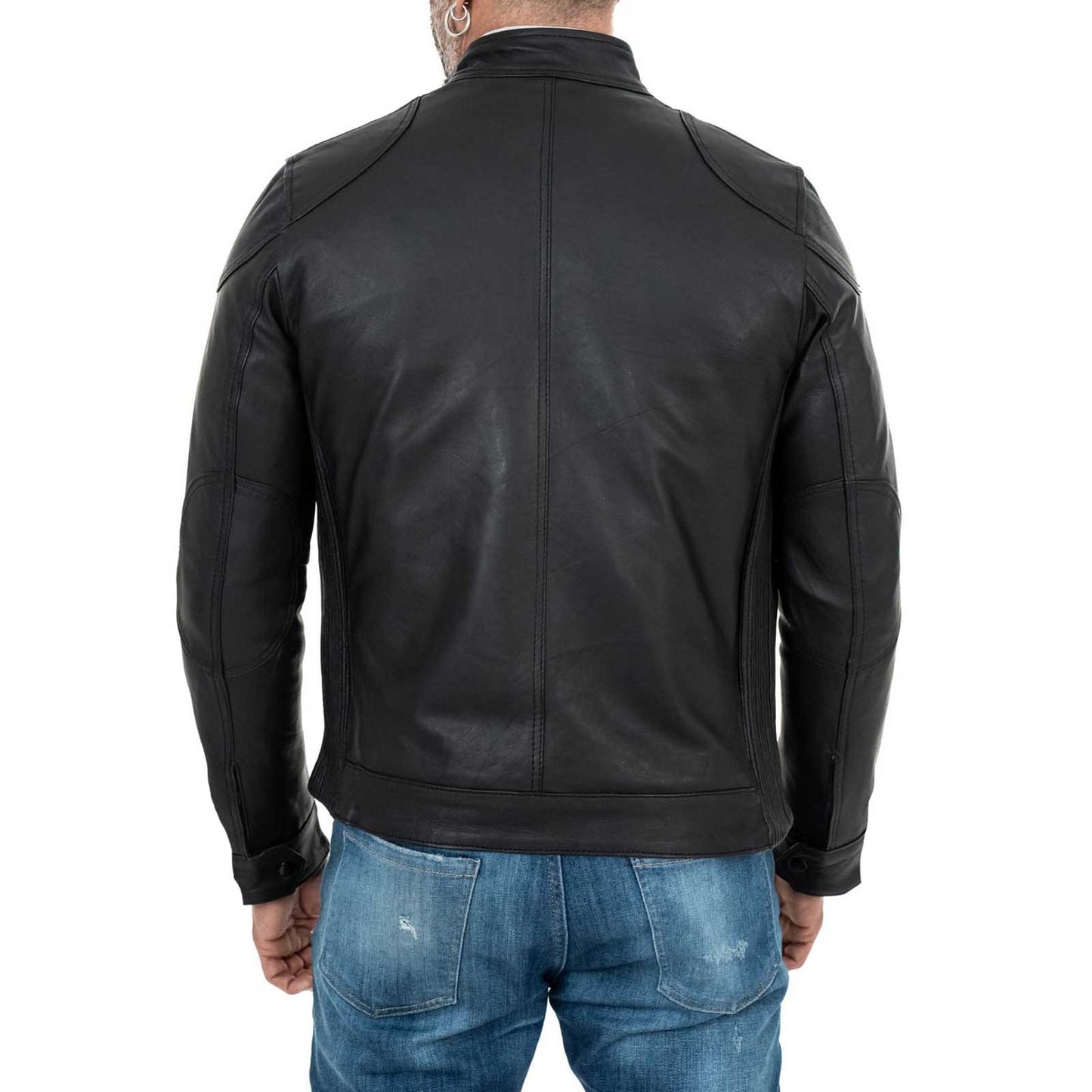 Schwarze Herren-Bikerjacke aus echtem Leder in schmaler Passform mit besonderen Schulterpartien von Rindway