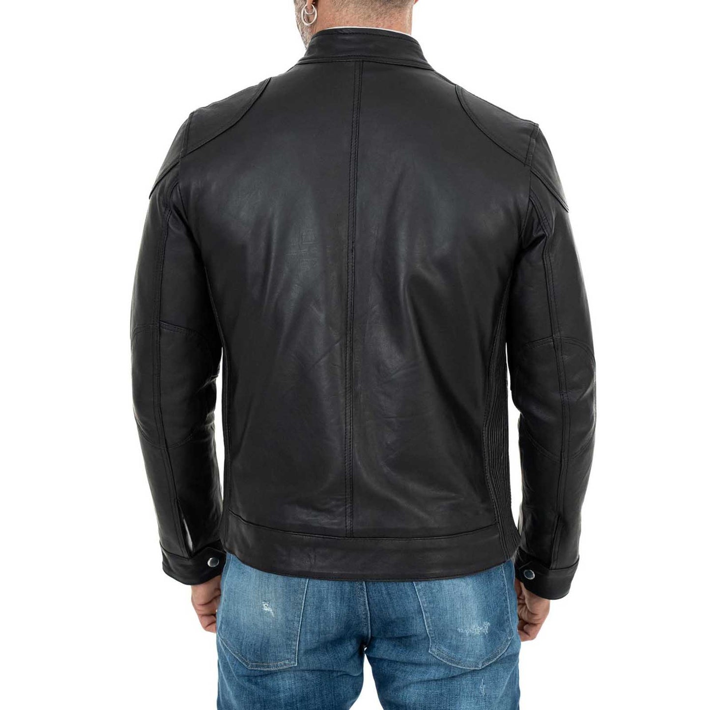 Rindway Herren Slim Fit Bikerjacke aus schwarzem Echtleder mit vier Taschen