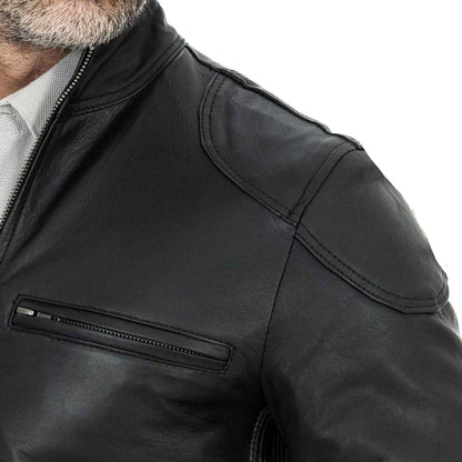 Rindway Herren Slim Fit Bikerjacke aus schwarzem Echtleder mit vier Taschen