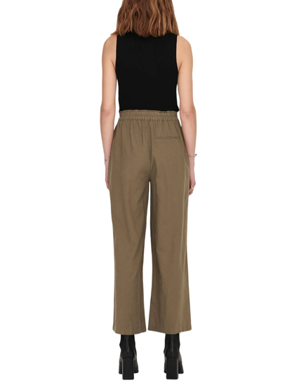 Only pantaloni gamba larga Tokyo in misto lino marrone