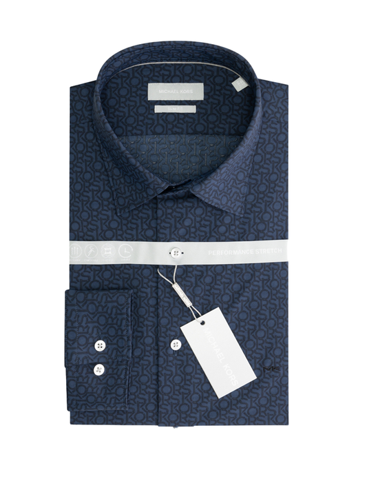 Michael Kors camicia manica lunga slim fit in fantasia logo blu