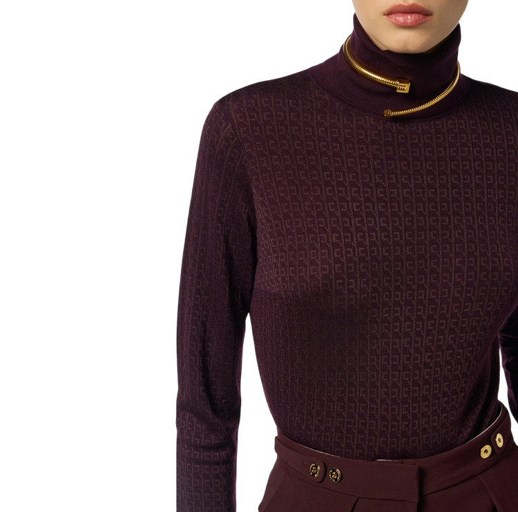 Elisabetta Franchi bordeauxroter Jacquard-Logo-Rollkragenpullover
