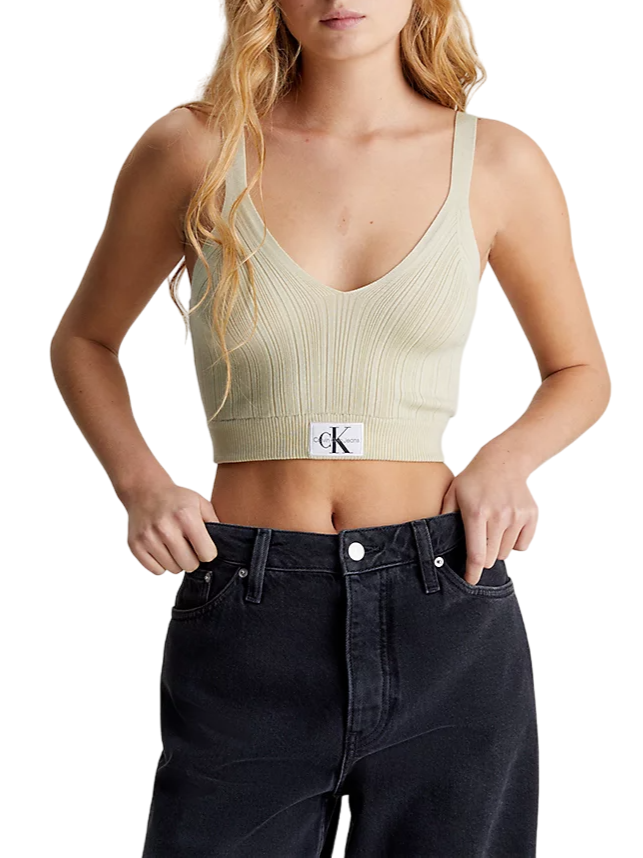 Calvin Klein Jeans top crop in maglia a costine ecrù