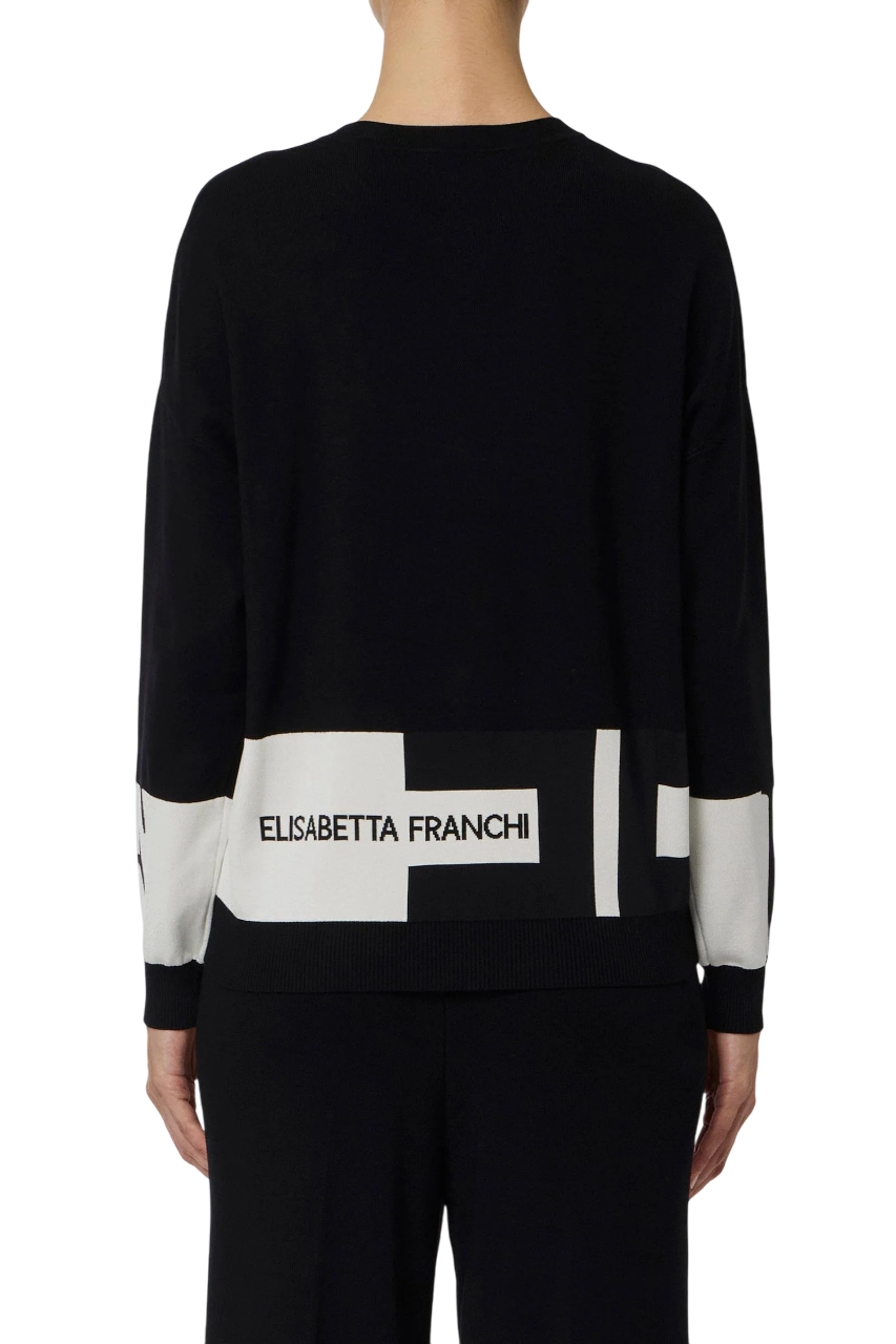 Elisabetta Franchi zweifarbiger Pullover mit schwarz-weißem Logo