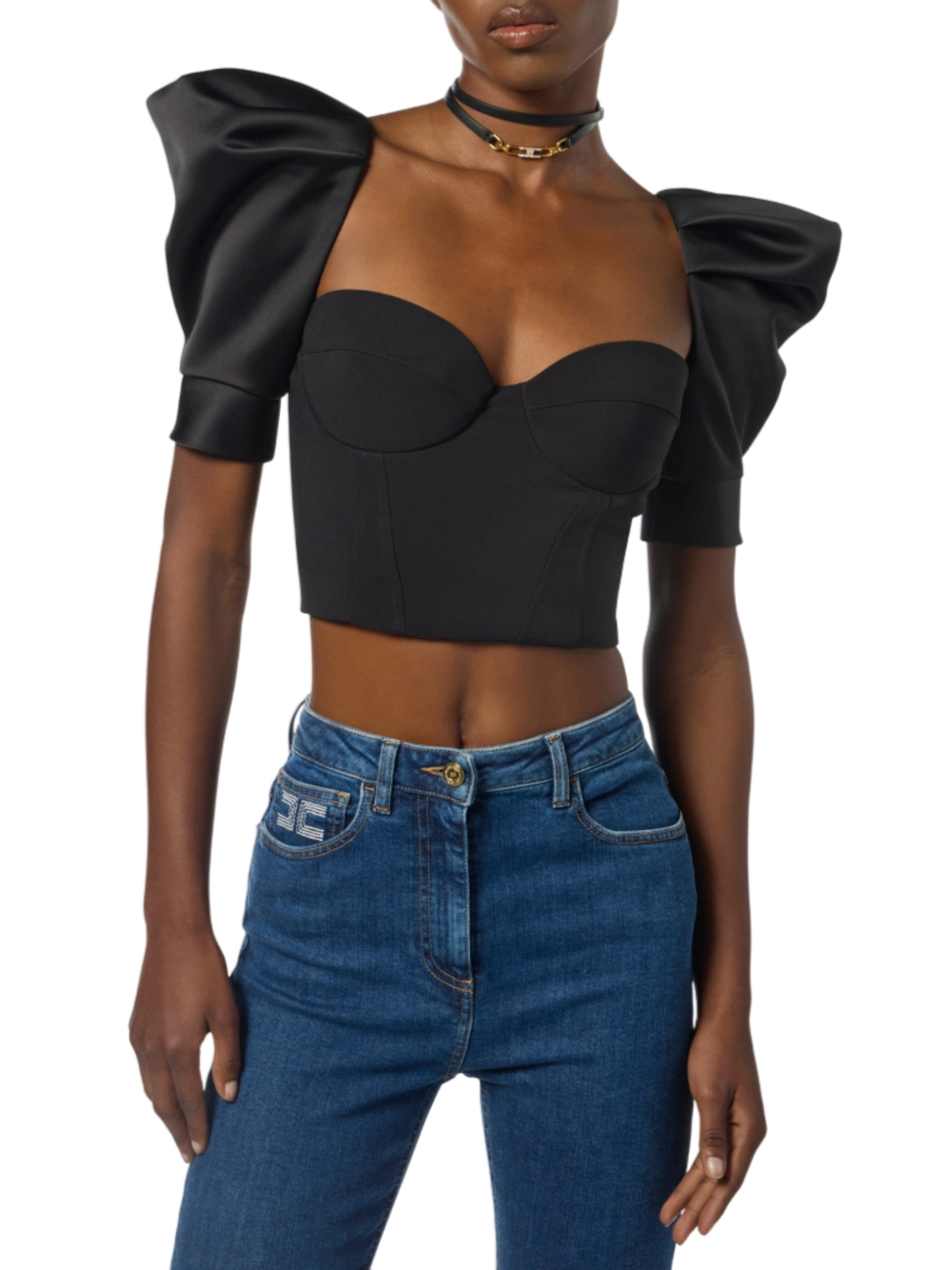 Elisabetta Franchi top in crepe e duchesse con manica palloncino nero