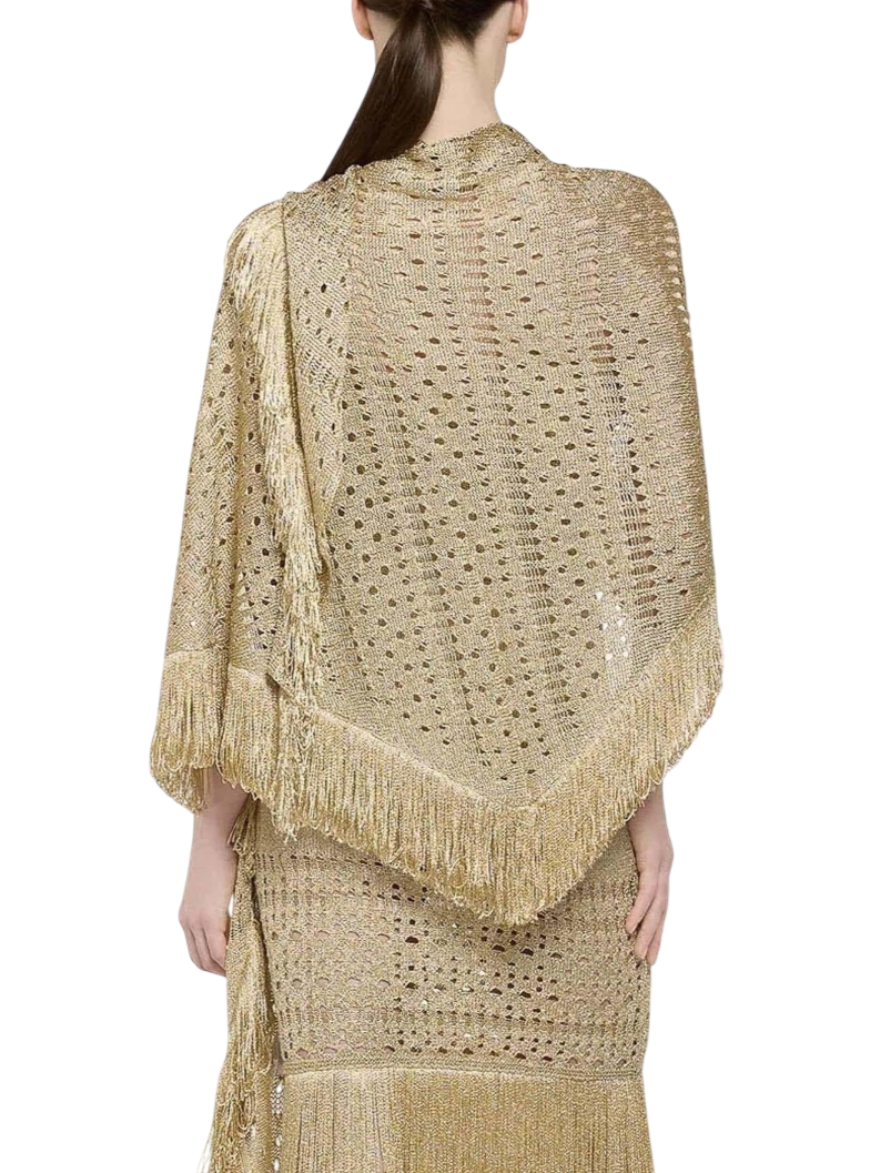 Simona Corsellini scialle traforato lurex con frange oro